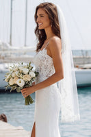 Laden Sie das Bild in den Galerie-Viewer, Ivory Spaghetti Straps Mermaid Appliqued Long Wedding Dress with Slit