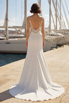 Meerjungfrauen-Elfenbein-Satin-Applikation Spaghettiträger Hochzeitskleid mit Schlitz