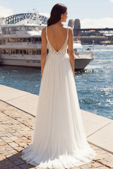 Elfenbein A-Linie Appliziertes Plissiertes Tüll Langes Hochzeitskleid mit Schlitz
