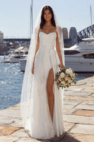 Laden Sie das Bild in den Galerie-Viewer, Elfenbein Scheide Satin Langes Hochzeitskleid mit Schlitz