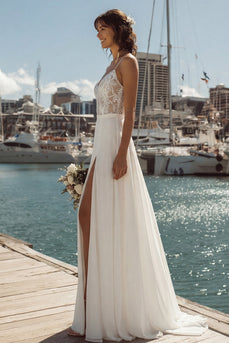 Elfenbein A Linie Spitze Sweep Schleppe Hochzeitskleid mit Schlitz
