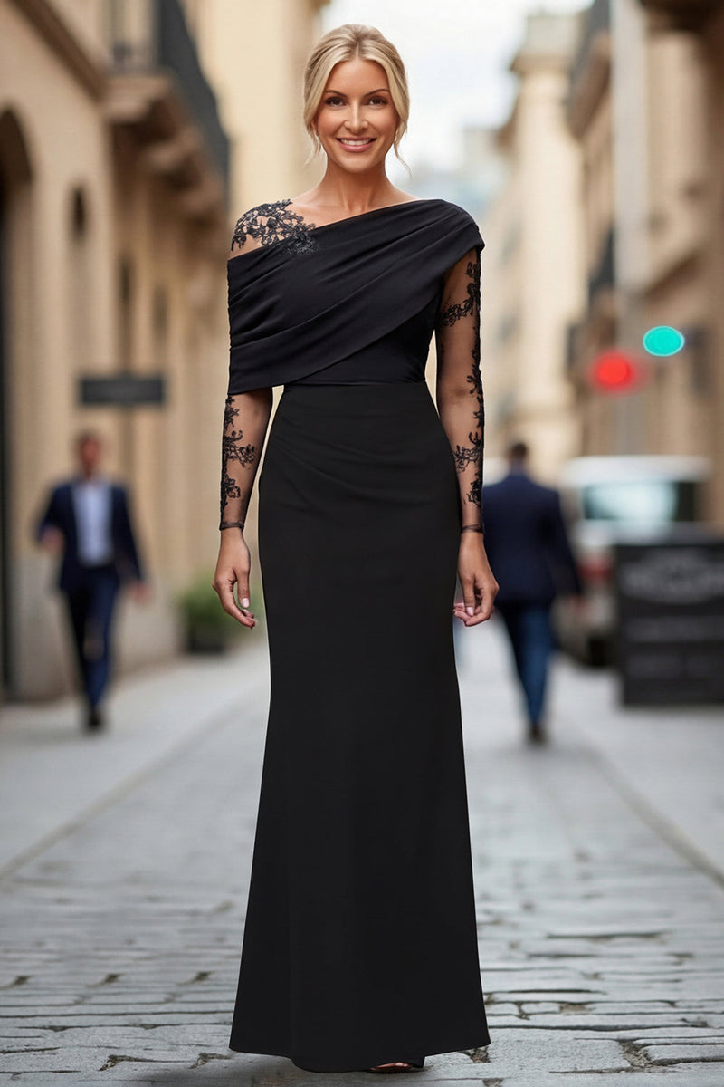 Laden Sie das Bild in den Galerie-Viewer, Schwarzes Spitze Satin Scheide Mutter der Braut Kleid mit einer Schulter