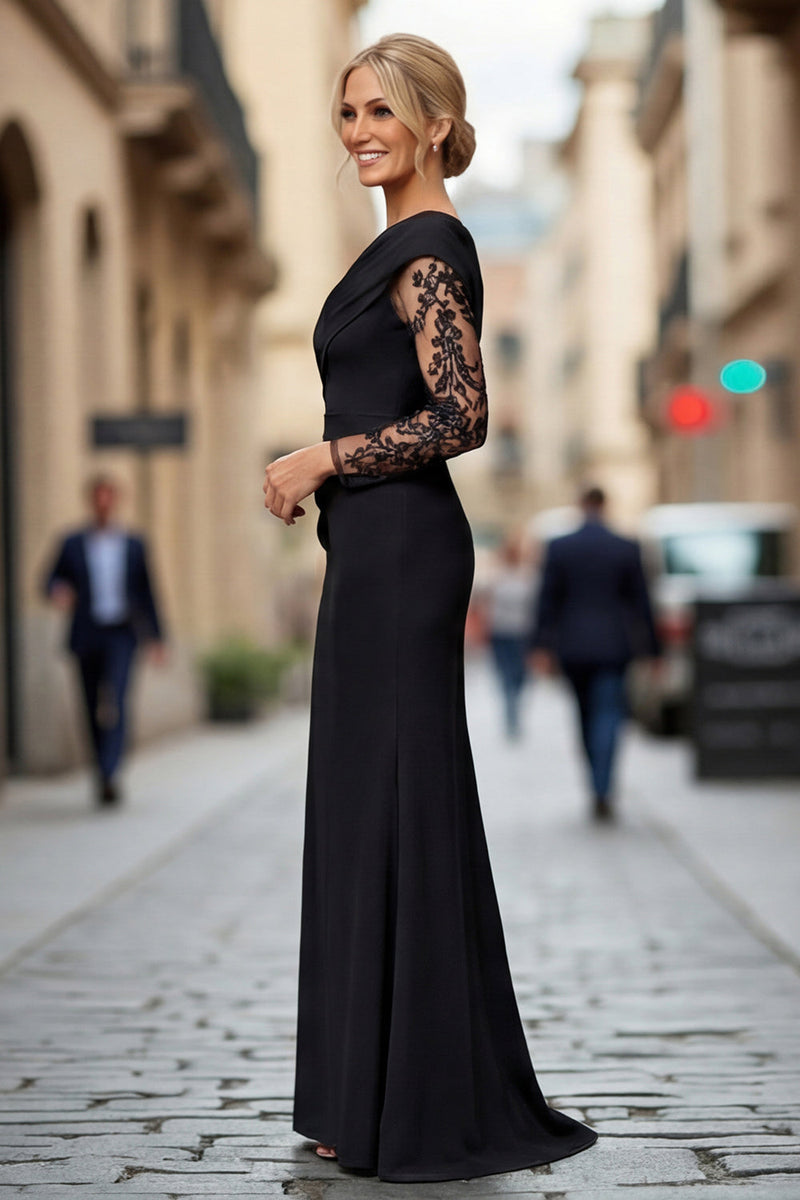 Laden Sie das Bild in den Galerie-Viewer, Schwarzes Spitze Satin Scheide Mutter der Braut Kleid mit einer Schulter