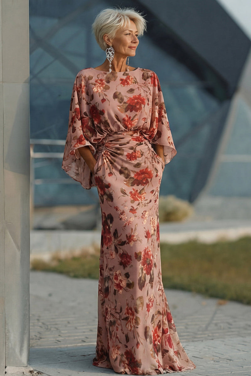 Laden Sie das Bild in den Galerie-Viewer, Dusty Rose Blumen Raffen Scheide Mutter der Braut Kleid mit langen Ärmeln