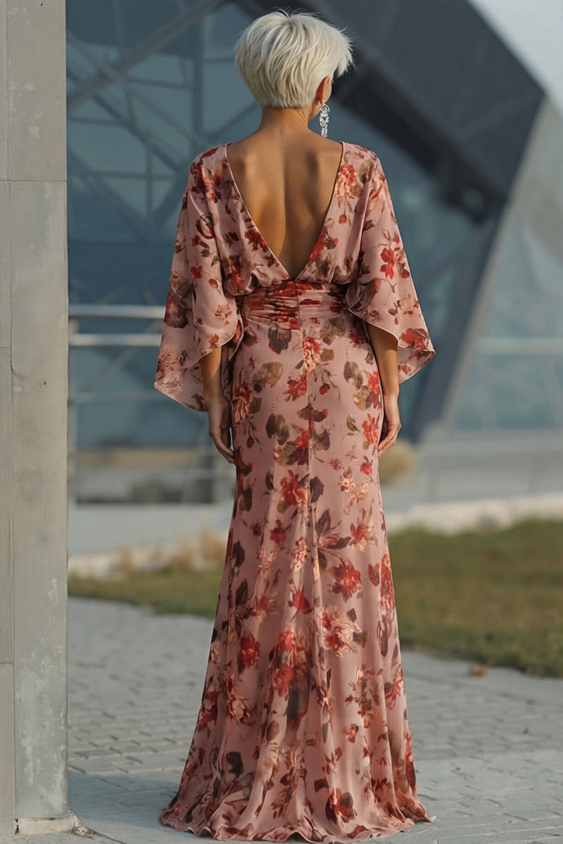 Laden Sie das Bild in den Galerie-Viewer, Dusty Rose Blumen Raffen Scheide Mutter der Braut Kleid mit langen Ärmeln