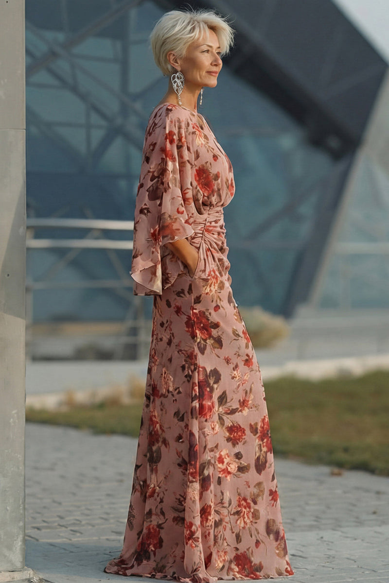 Laden Sie das Bild in den Galerie-Viewer, Dusty Rose Blumen Raffen Scheide Mutter der Braut Kleid mit langen Ärmeln