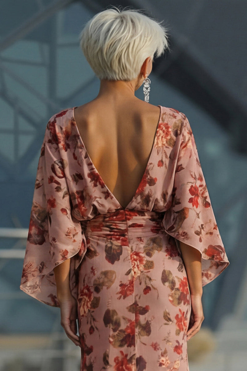 Laden Sie das Bild in den Galerie-Viewer, Dusty Rose Blumen Raffen Scheide Mutter der Braut Kleid mit langen Ärmeln