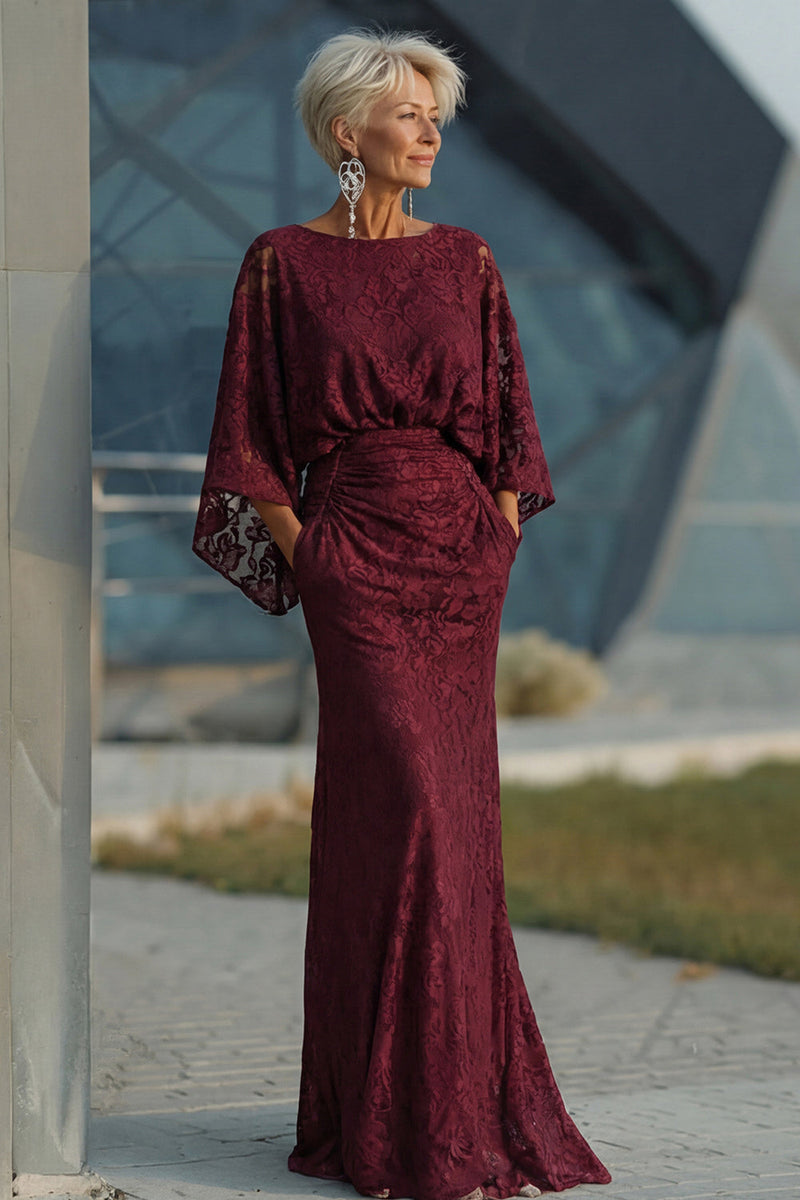 Laden Sie das Bild in den Galerie-Viewer, Spitze Burgunder Scheide langärmliges Mutter der Braut Kleid