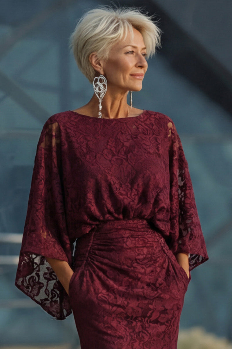 Laden Sie das Bild in den Galerie-Viewer, Spitze Burgunder Scheide langärmliges Mutter der Braut Kleid