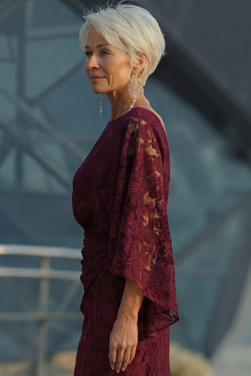 Laden Sie das Bild in den Galerie-Viewer, Spitze Burgunder Scheide langärmliges Mutter der Braut Kleid