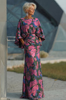 Laden Sie das Bild in den Galerie-Viewer, Fuchsia Blumen Bedruckte Scheide Gerafftes Mutter der Braut Kleid mit ausgestellten Ärmeln