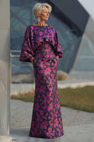 Laden Sie das Bild in den Galerie-Viewer, Fuchsia Blumen Bedruckte Scheide Gerafftes Mutter der Braut Kleid mit ausgestellten Ärmeln