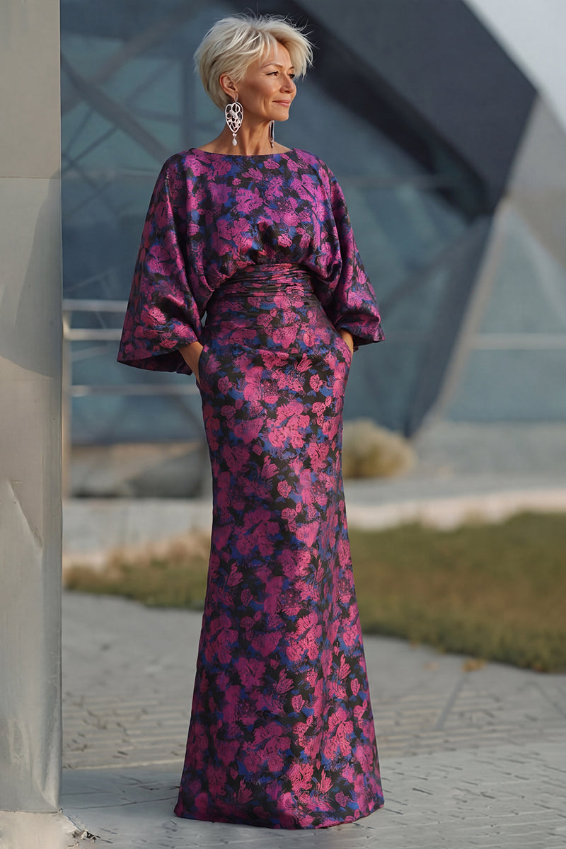 Laden Sie das Bild in den Galerie-Viewer, Fuchsia Blumen Bedruckte Scheide Gerafftes Mutter der Braut Kleid mit ausgestellten Ärmeln