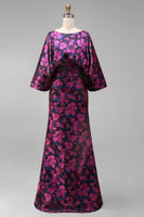 Laden Sie das Bild in den Galerie-Viewer, Fuchsia Blumen Bedruckte Scheide Gerafftes Mutter der Braut Kleid mit ausgestellten Ärmeln