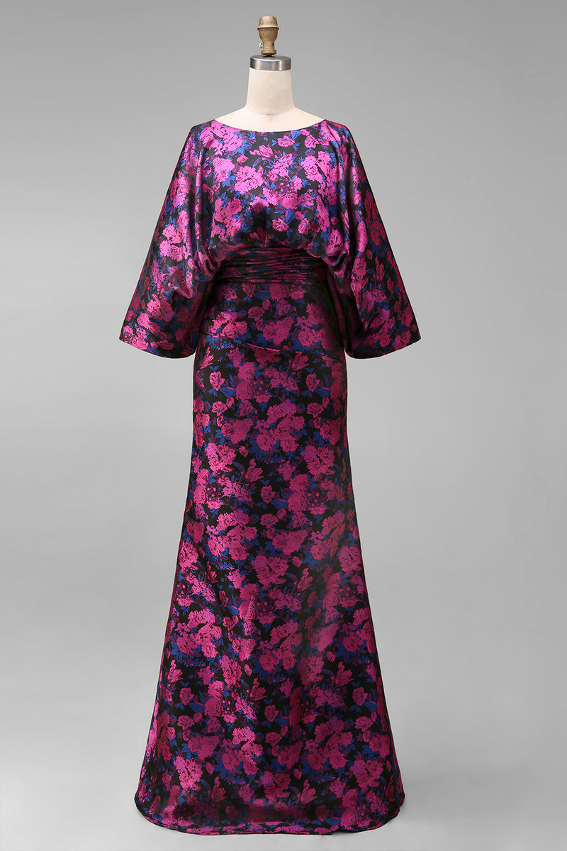 Laden Sie das Bild in den Galerie-Viewer, Fuchsia Blumen Bedruckte Scheide Gerafftes Mutter der Braut Kleid mit ausgestellten Ärmeln