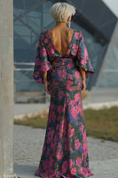 Laden Sie das Bild in den Galerie-Viewer, Fuchsia Blumen Bedruckte Scheide Gerafftes Mutter der Braut Kleid mit ausgestellten Ärmeln