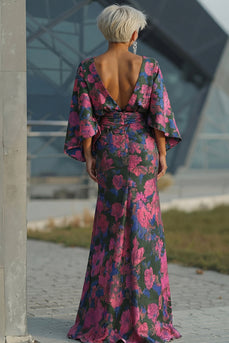 Fuchsia Blumen Bedruckte Scheide Gerafftes Mutter der Braut Kleid mit ausgestellten Ärmeln