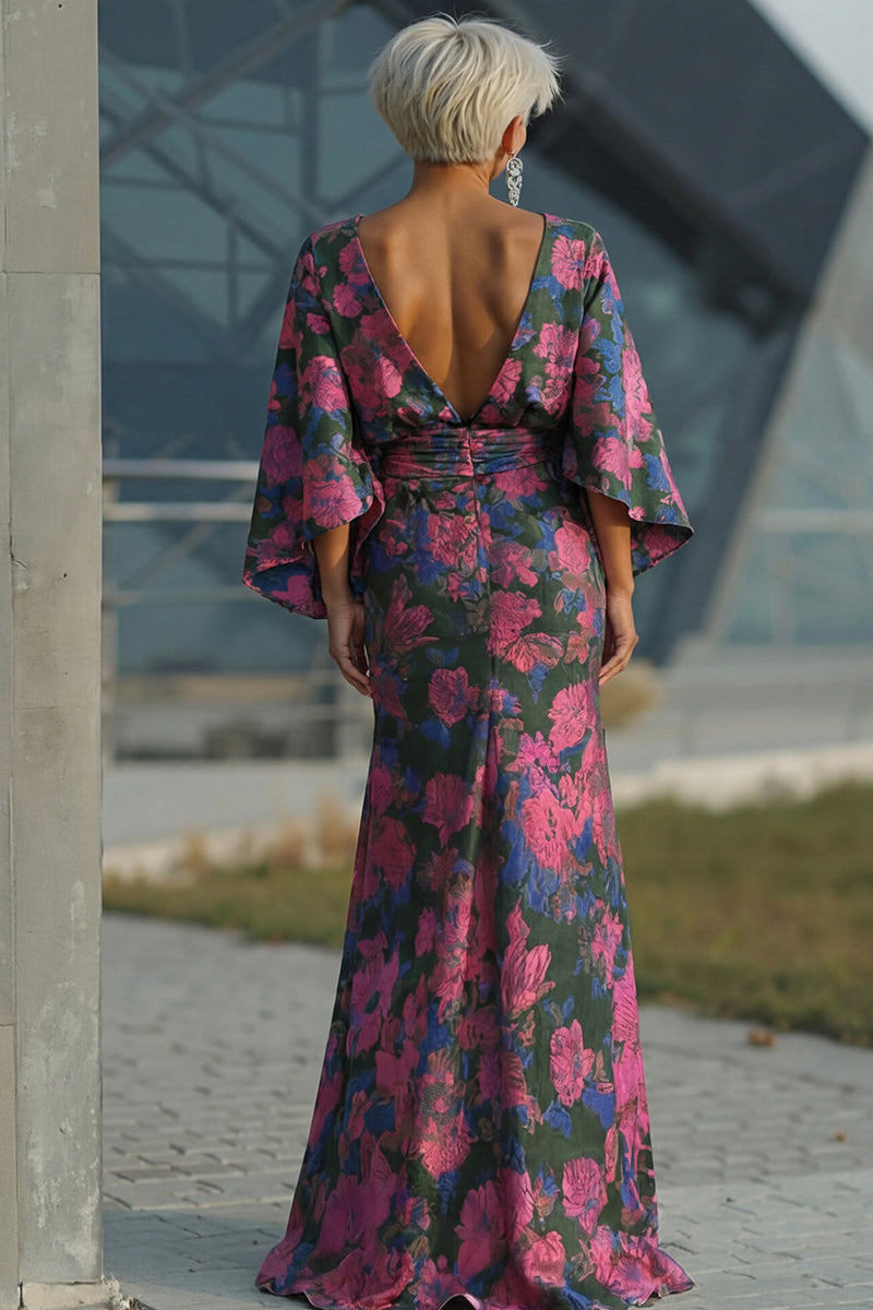Laden Sie das Bild in den Galerie-Viewer, Fuchsia Blumen Bedruckte Scheide Gerafftes Mutter der Braut Kleid mit ausgestellten Ärmeln