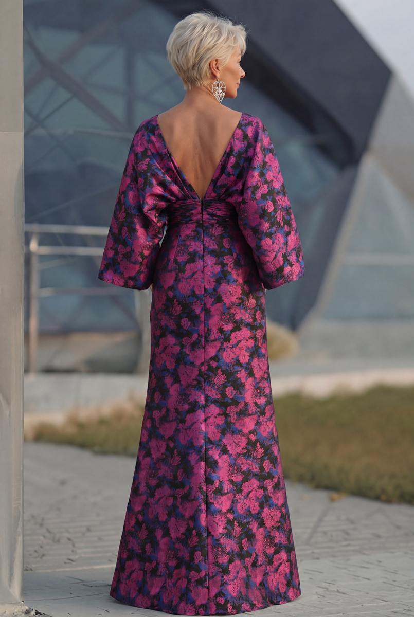 Laden Sie das Bild in den Galerie-Viewer, Fuchsia Blumen Bedruckte Scheide Gerafftes Mutter der Braut Kleid mit ausgestellten Ärmeln
