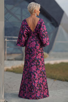 Laden Sie das Bild in den Galerie-Viewer, Fuchsia Blumen Bedruckte Scheide Gerafftes Mutter der Braut Kleid mit ausgestellten Ärmeln