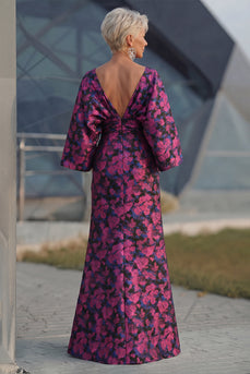 Fuchsia Blumen Bedruckte Scheide Gerafftes Mutter der Braut Kleid mit ausgestellten Ärmeln