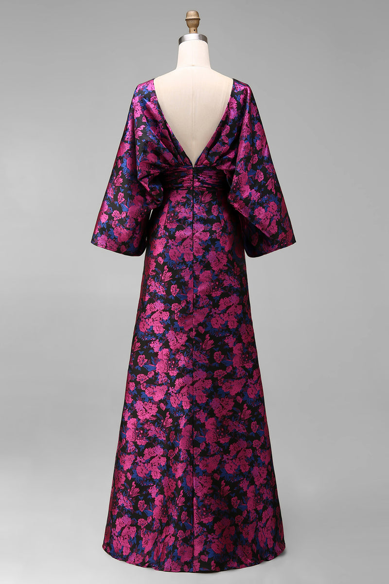 Laden Sie das Bild in den Galerie-Viewer, Fuchsia Blumen Bedruckte Scheide Gerafftes Mutter der Braut Kleid mit ausgestellten Ärmeln
