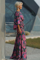 Laden Sie das Bild in den Galerie-Viewer, Fuchsia Blumen Bedruckte Scheide Gerafftes Mutter der Braut Kleid mit ausgestellten Ärmeln
