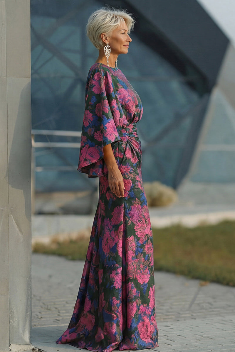 Laden Sie das Bild in den Galerie-Viewer, Fuchsia Blumen Bedruckte Scheide Gerafftes Mutter der Braut Kleid mit ausgestellten Ärmeln