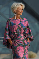 Laden Sie das Bild in den Galerie-Viewer, Fuchsia Blumen Bedruckte Scheide Gerafftes Mutter der Braut Kleid mit ausgestellten Ärmeln