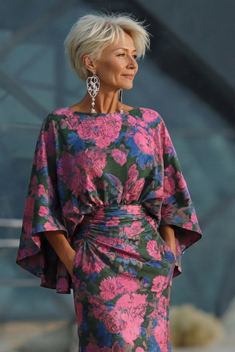 Laden Sie das Bild in den Galerie-Viewer, Fuchsia Blumen Bedruckte Scheide Gerafftes Mutter der Braut Kleid mit ausgestellten Ärmeln