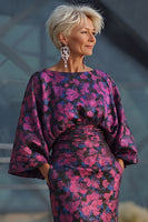 Laden Sie das Bild in den Galerie-Viewer, Fuchsia Blumen Bedruckte Scheide Gerafftes Mutter der Braut Kleid mit ausgestellten Ärmeln