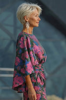 Laden Sie das Bild in den Galerie-Viewer, Fuchsia Blumen Bedruckte Scheide Gerafftes Mutter der Braut Kleid mit ausgestellten Ärmeln
