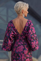Laden Sie das Bild in den Galerie-Viewer, Fuchsia Blumen Bedruckte Scheide Gerafftes Mutter der Braut Kleid mit ausgestellten Ärmeln