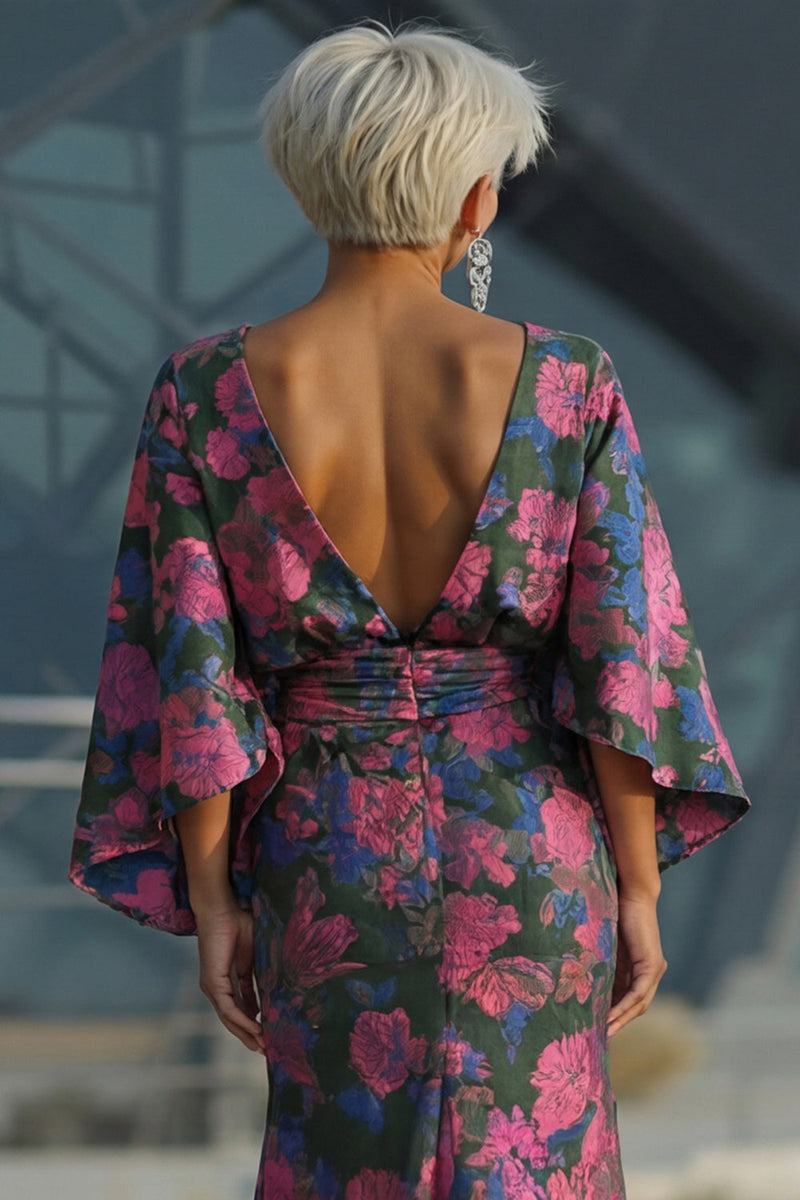 Laden Sie das Bild in den Galerie-Viewer, Fuchsia Blumen Bedruckte Scheide Gerafftes Mutter der Braut Kleid mit ausgestellten Ärmeln