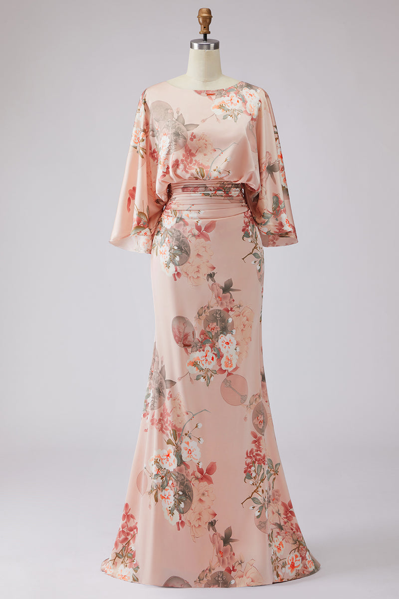 Laden Sie das Bild in den Galerie-Viewer, Staubige Rose Satin Blumen Etui Brautmutterkleid mit ausgestellten Ärmeln