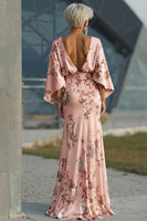 Laden Sie das Bild in den Galerie-Viewer, Staubige Rose Satin Blumen Etui Brautmutterkleid mit ausgestellten Ärmeln