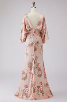Laden Sie das Bild in den Galerie-Viewer, Staubige Rose Satin Blumen Etui Brautmutterkleid mit ausgestellten Ärmeln