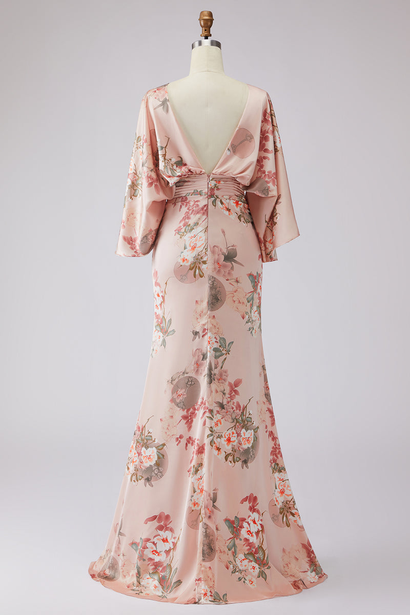 Laden Sie das Bild in den Galerie-Viewer, Staubige Rose Satin Blumen Etui Brautmutterkleid mit ausgestellten Ärmeln