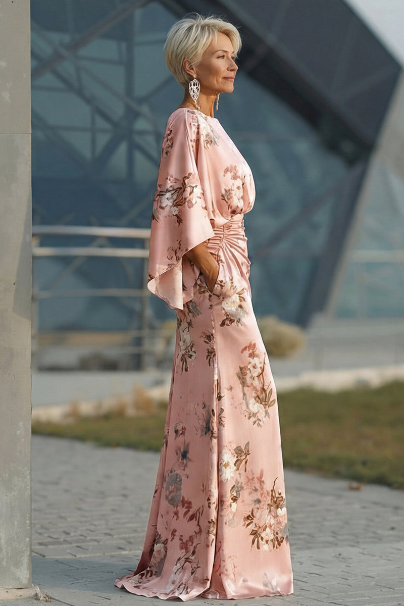 Laden Sie das Bild in den Galerie-Viewer, Staubige Rose Satin Blumen Etui Brautmutterkleid mit ausgestellten Ärmeln