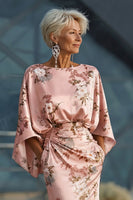 Laden Sie das Bild in den Galerie-Viewer, Staubige Rose Satin Blumen Etui Brautmutterkleid mit ausgestellten Ärmeln