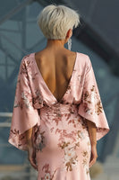 Laden Sie das Bild in den Galerie-Viewer, Staubige Rose Satin Blumen Etui Brautmutterkleid mit ausgestellten Ärmeln