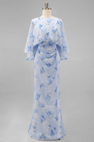 Laden Sie das Bild in den Galerie-Viewer, Blaue Blume Bateau-Halsscheide Lange Mutter-der-der-Braut-Kleid mit halben Ärmeln