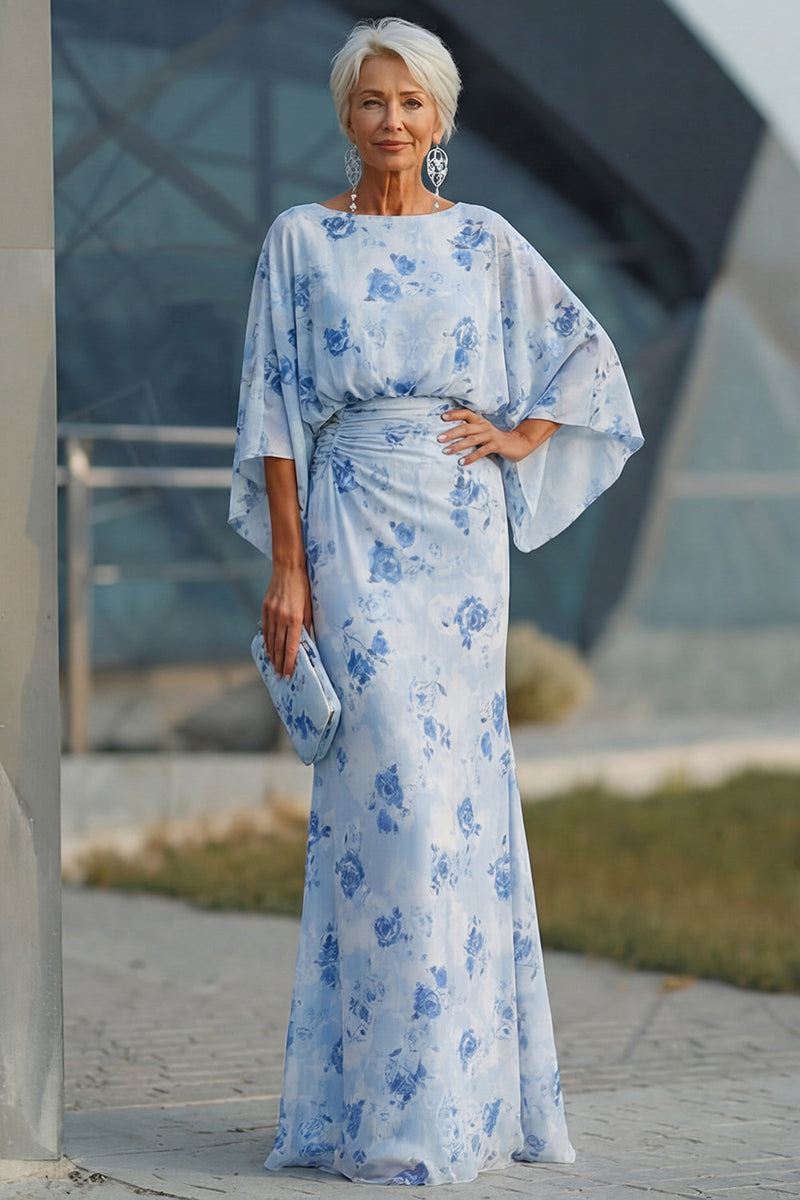 Laden Sie das Bild in den Galerie-Viewer, Blaue Blume Bateau-Halsscheide Lange Mutter-der-der-Braut-Kleid mit halben Ärmeln