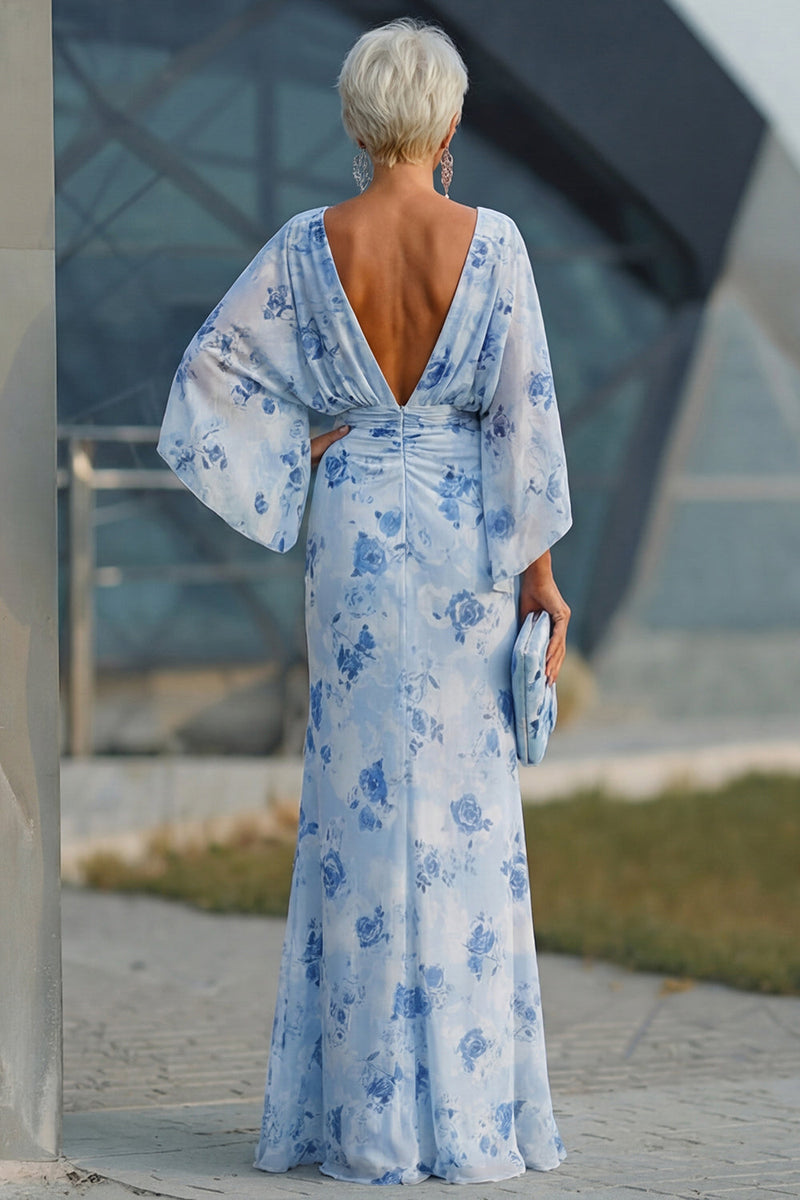 Laden Sie das Bild in den Galerie-Viewer, Blaue Blume Bateau-Halsscheide Lange Mutter-der-der-Braut-Kleid mit halben Ärmeln