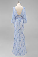 Laden Sie das Bild in den Galerie-Viewer, Blaue Blume Bateau-Halsscheide Lange Mutter-der-der-Braut-Kleid mit halben Ärmeln
