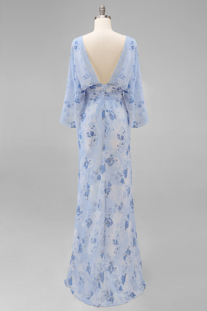 Laden Sie das Bild in den Galerie-Viewer, Blaue Blume Bateau-Halsscheide Lange Mutter-der-der-Braut-Kleid mit halben Ärmeln