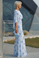 Laden Sie das Bild in den Galerie-Viewer, Blaue Blume Bateau-Halsscheide Lange Mutter-der-der-Braut-Kleid mit halben Ärmeln