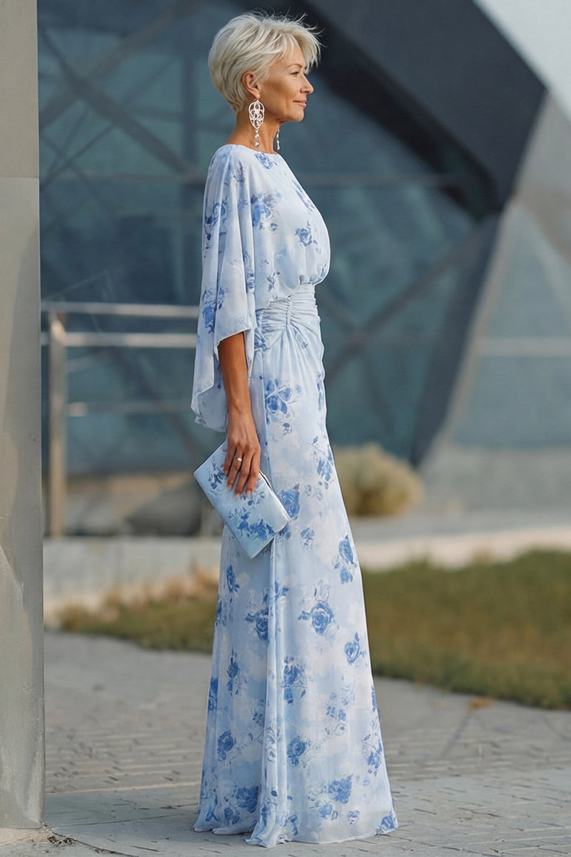 Laden Sie das Bild in den Galerie-Viewer, Blaue Blume Bateau-Halsscheide Lange Mutter-der-der-Braut-Kleid mit halben Ärmeln