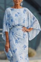 Laden Sie das Bild in den Galerie-Viewer, Blaue Blume Bateau-Halsscheide Lange Mutter-der-der-Braut-Kleid mit halben Ärmeln