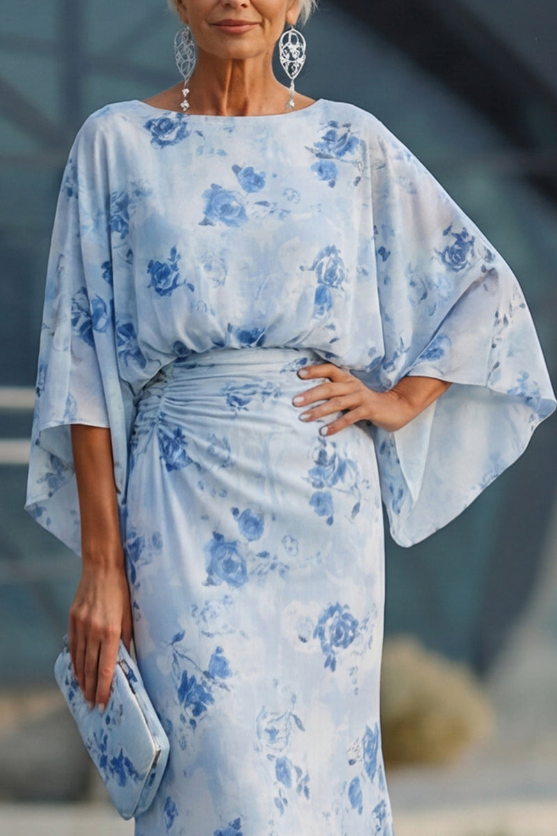 Laden Sie das Bild in den Galerie-Viewer, Blaue Blume Bateau-Halsscheide Lange Mutter-der-der-Braut-Kleid mit halben Ärmeln
